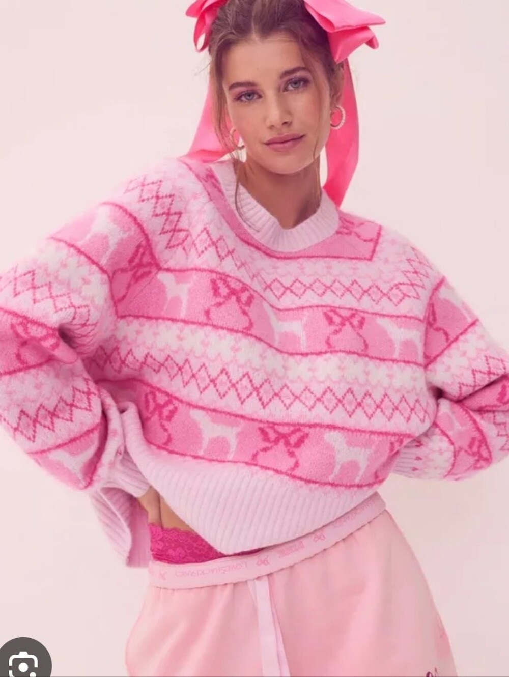 New!PINK x LoveShackFancy Pink Fair Isle Reindeer Crewneck Boxy Sweater